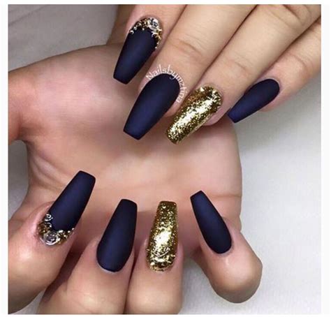 matte navy blue nails with gold